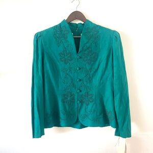 Karin Stevens Vintage  Green Long Sleeve Womens Top Flowers Embroidered NWT